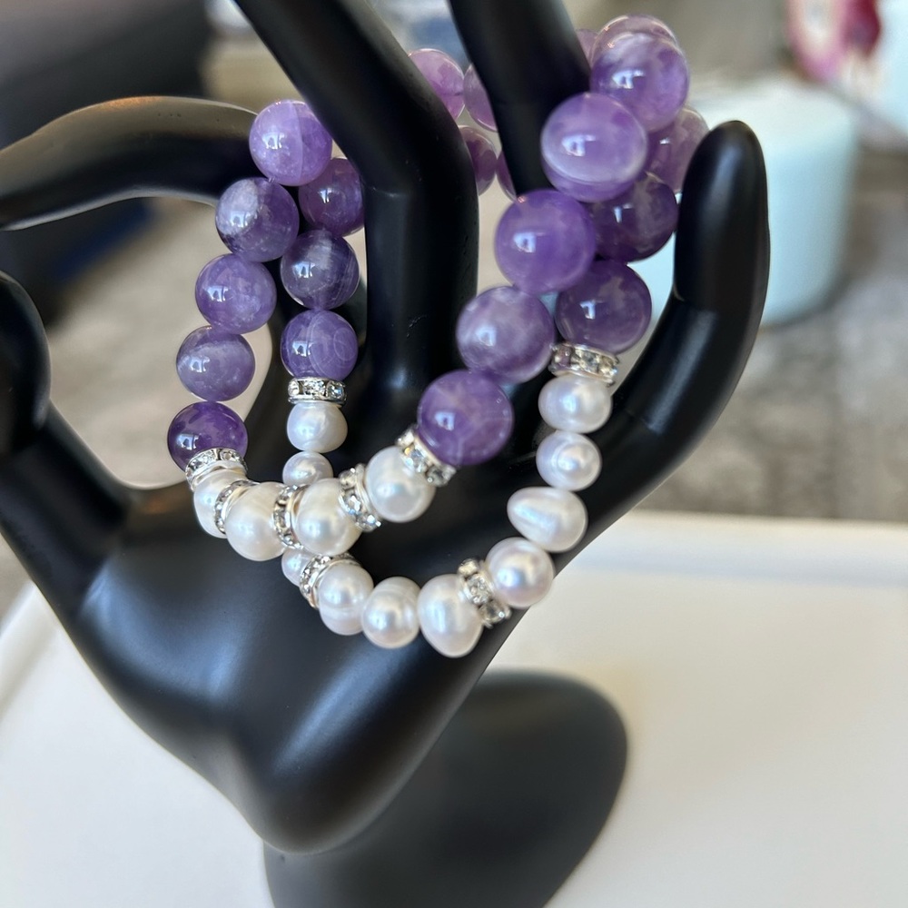 Pair of African Amethyst and Pearl Bracelets